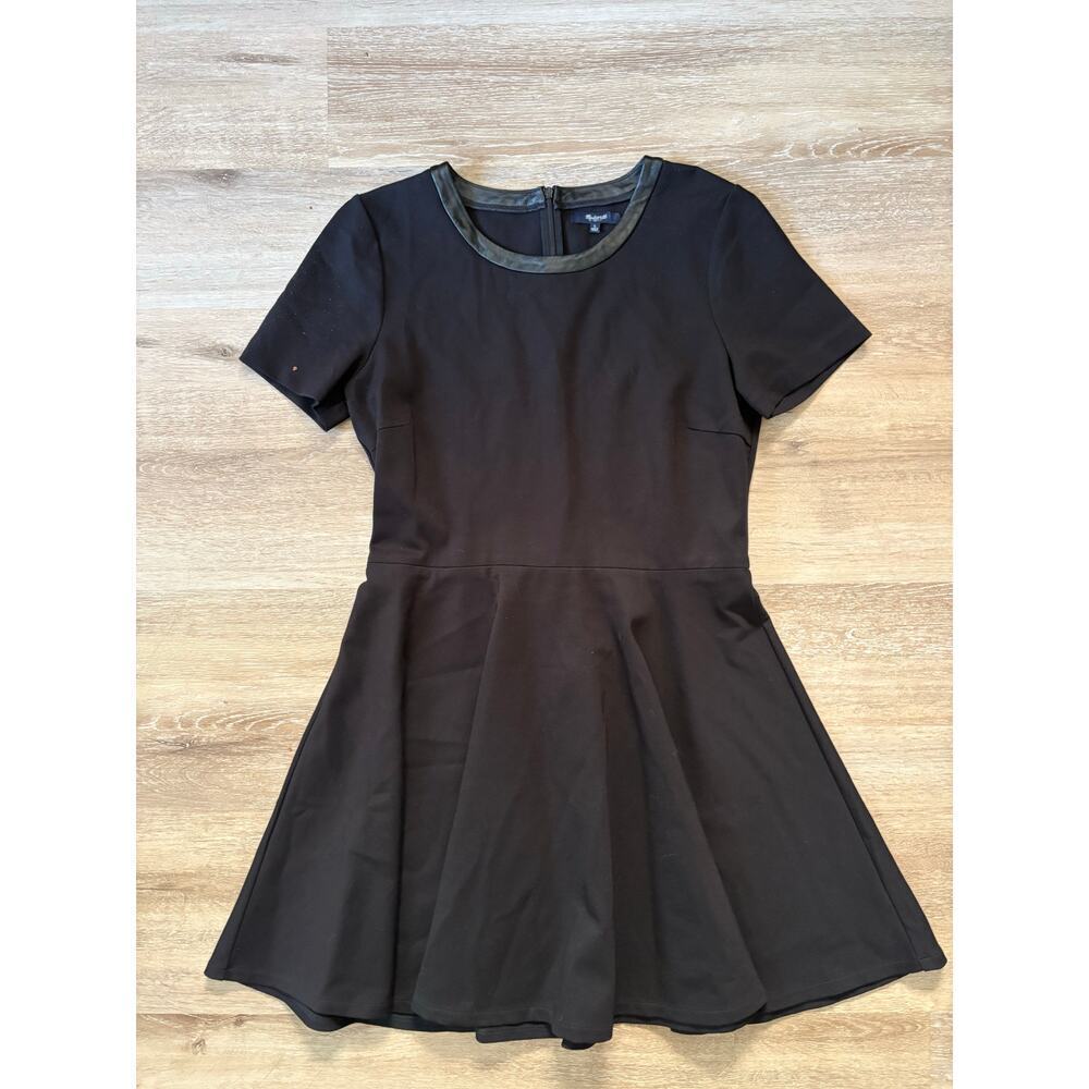 Madewell fit and flare black knit dress w/ a leather trim neckline